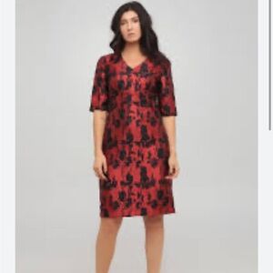 J. Peterman | red/black floral jacquard shift dress three-quarter sleeves 14